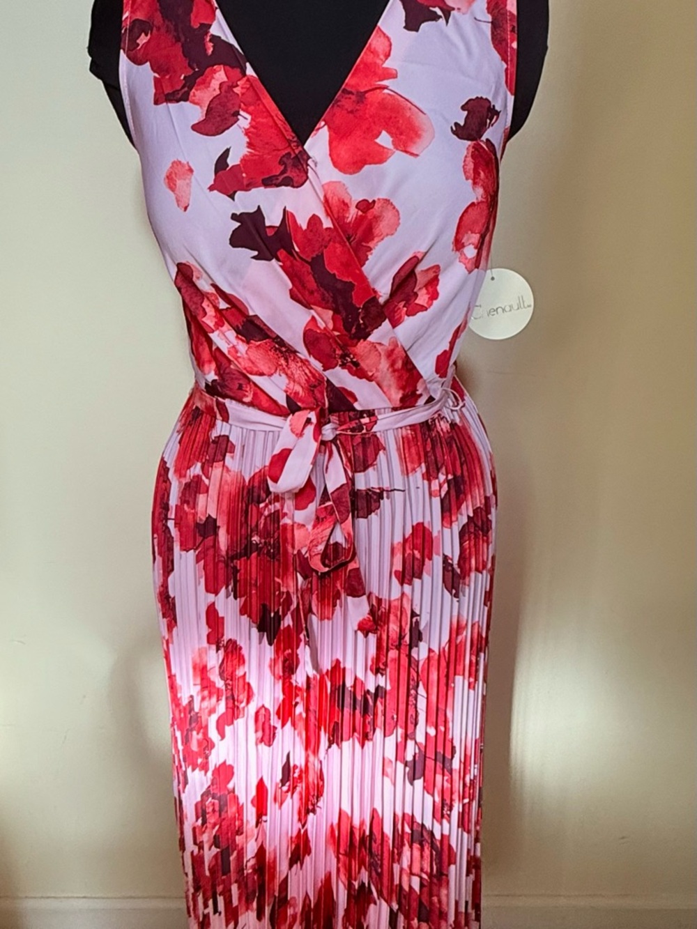 Floral Coral Red & White Pleated Midi Dress